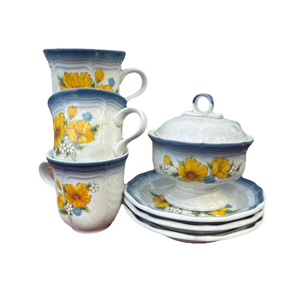 VTG Mikasa Country Club AMY 3 Teacups Saucers‎ Creamer Japan Blue Yellow Flowers
